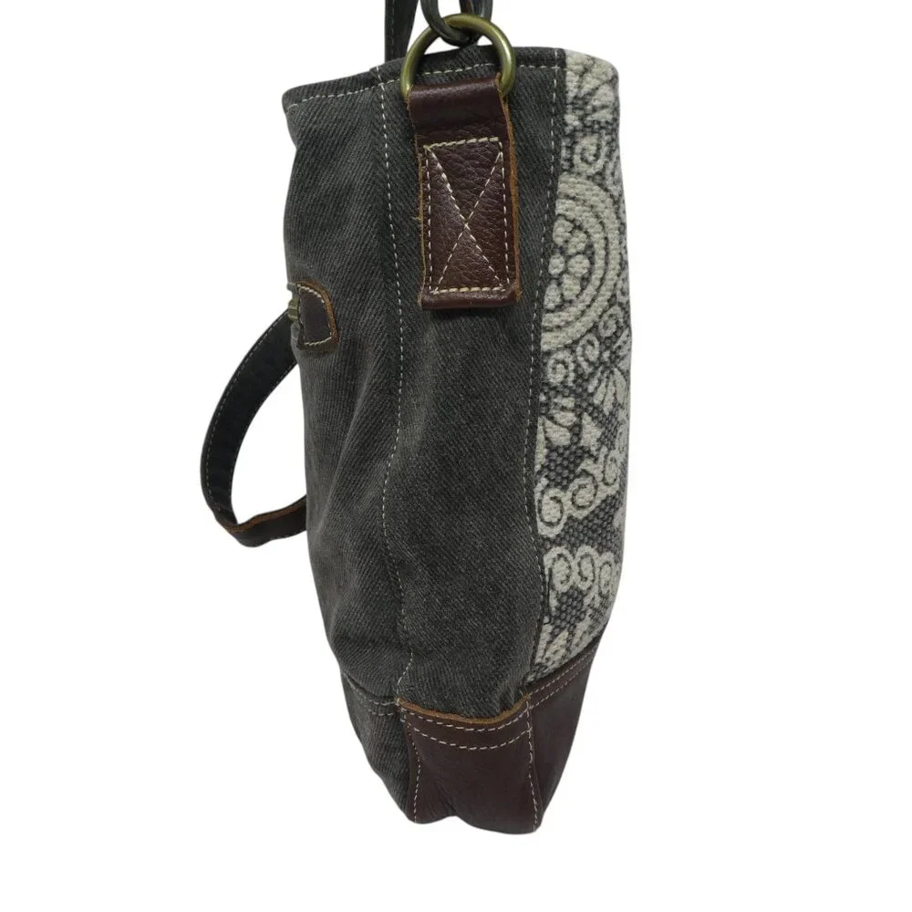 Myra Bag Brown Gray Cotton Leather Mandala Crossbody Shoulder Bag Purse - Picture 6 of 12